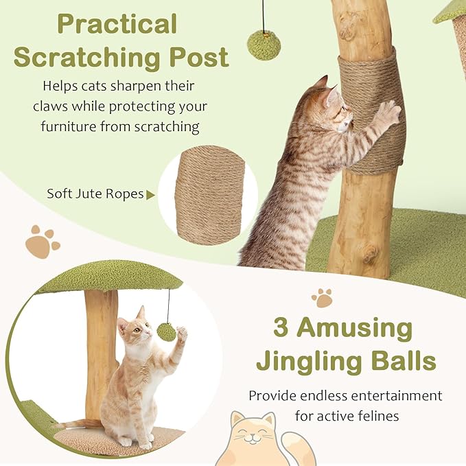 Tangkula Cat Tree, Solid Wood Cat Tower with Jute Scratching Post, Condo, Perch, Jingling Ball, Multi-Layer Activity Center, Modern Cute Cat Tree for Indoor Cats
