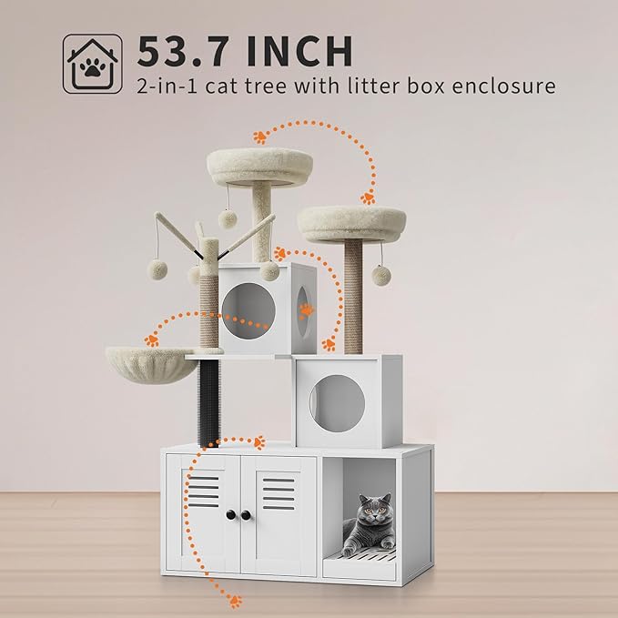 Modern Multi-Level Wooden Cat Tree with Litter Box Enclosure, Cat Tower with Litter Box Enclosure & Condo, Sisal Scratching Posts, Soft Perch and Toys for Indoor Cats, White Box & White Trees