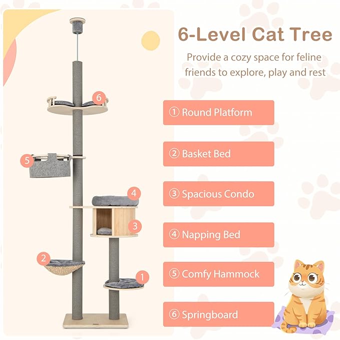 PETSITE Floor to Ceiling Cat Tree, 100-110 inch Height Adjustable, Multi-Level Cat Tower Floor to Ceiling with Scratching Posts, Cat Condo, Hammock, Tall Ceiling Cat Tree for Indoor Cats Large