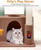 31" Cute Cat Tower for Indoor Kittens with Cat Condo, Plush Platform, Hammock, Sisal Scratching Posts, Dangling Ball, Tall Cat Tree Tower with Self-Grooming Brush (Olive Green)