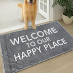 Muddy Mat® Absorbent Microfiber Door Mat and Pet Rug, Non Slip Washable Chenille Indoor Outdoor Entry Rug for Kitchen Bedroom Bathroom - Welcome to Our Happy Place Funny Welcome Mat 19"x30"