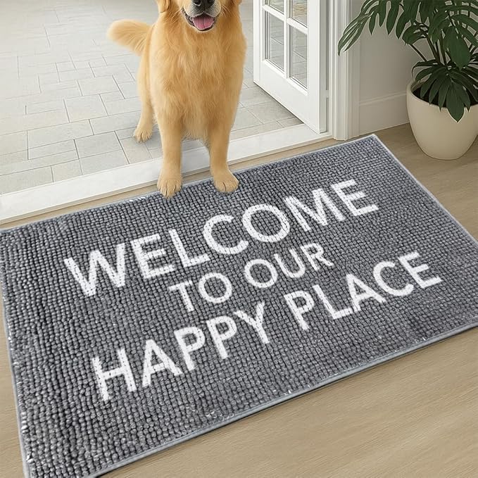 Muddy Mat® Absorbent Microfiber Door Mat and Pet Rug, Non Slip Washable Chenille Indoor Outdoor Entry Rug for Kitchen Bedroom Bathroom - Welcome to Our Happy Place Funny Welcome Mat 19"x30"