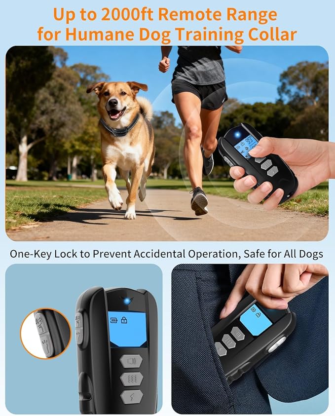 Dog Shock Collar with Remote Control – Shock Collar for Dogs 10–120 lbs, 2000FT Long Range IPX7 Waterproof Rechargeable Dog Training Collar with 4 Safe Modes Beep Vibration Shock & Flashlight Grey