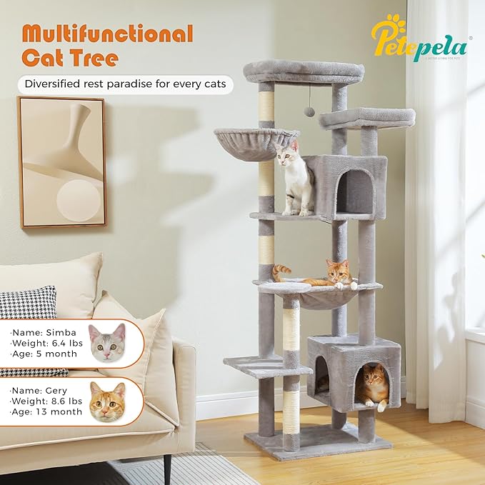 PETEPELA 69" Tall Cat Tree for Indoor Large Cats, Cat Tower for Adult Cats with Big Hammock, Cat Climbing Tree Tower with Scratching Posts, Condo House and Large Top Perch, Grey