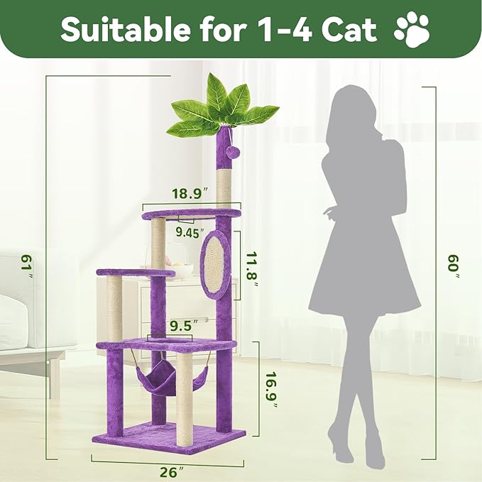 60" Cat Tree for Indoor Cats with Green Leaves, Multi-Level Large Cat Tower with Hammock, Plush House w/Hang Ball Toy and Scratching Posts (Purple)