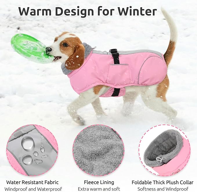 Queenmore XL Dog Jackets, Dog Coats for Large Breeds Winter Waterproof, Thick Fleece Lining Doggie Coats for X-Large Dogs Winter, Pet Jackets, Pink, XL