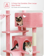 Pink Cat Tree for Large Cats with Super Large Top Perch,56.2" Multi-Level Tower for Indoor Cats with Hammock, Cat Shelves with Scratching Posts and 2 Condos Houses, Pink
