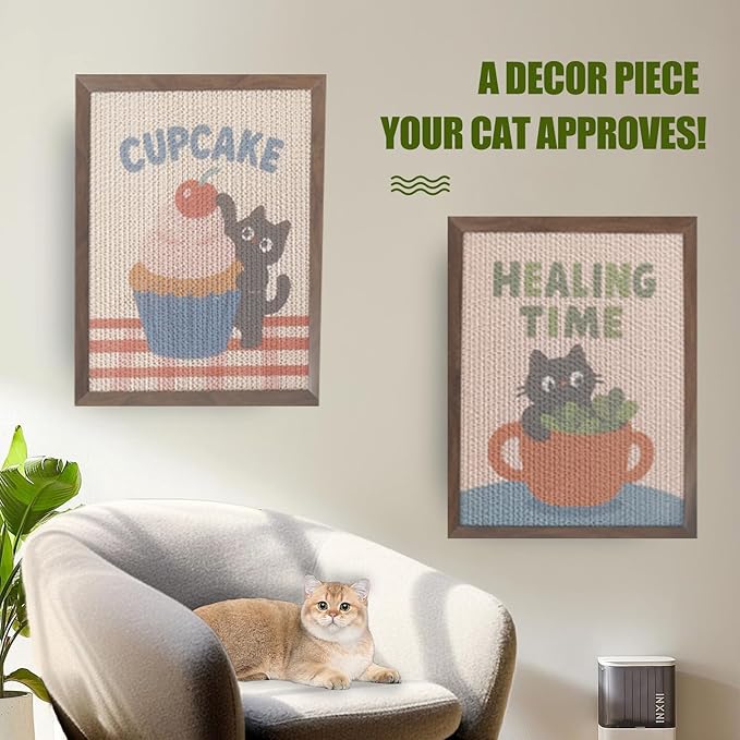 Decorative Wall Art Cat Scratcher, BC Grade Cardboard Framed 13"x17" Dust-Free Vertical Scratching Post, No-Drill Wall Mount (Renter-Friendly), Durable Cat Toy & Home Decor (Cherry) (Cupcake)