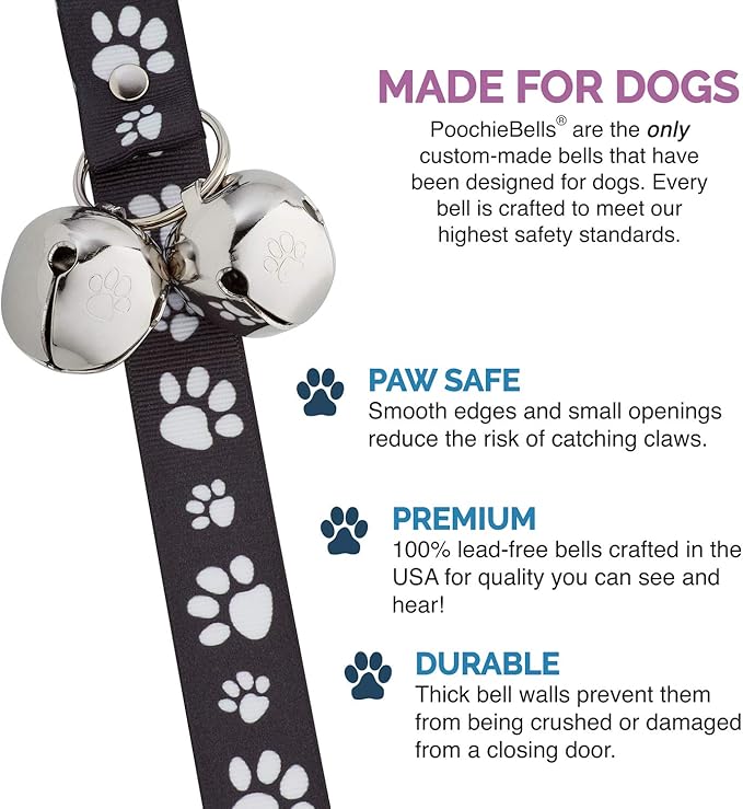 PoochieBells Dog Doorbell, Dog Potty Training Bells, Dog Safe USA-Made w/Perfect Sound,Dog Trainer Approved, Housetraining Made Easy & Quick, Sig Tracks Black