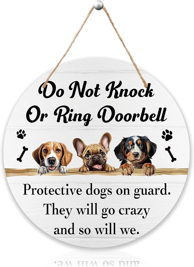 Please Do Not Knock Or Ring Doorbell Hanging Sign, Funny Dog Wooden Round Door Hanger For House Gate Fence Yard Front Door, Protective Dogs On Guard Sign For Outdoor Porch -08