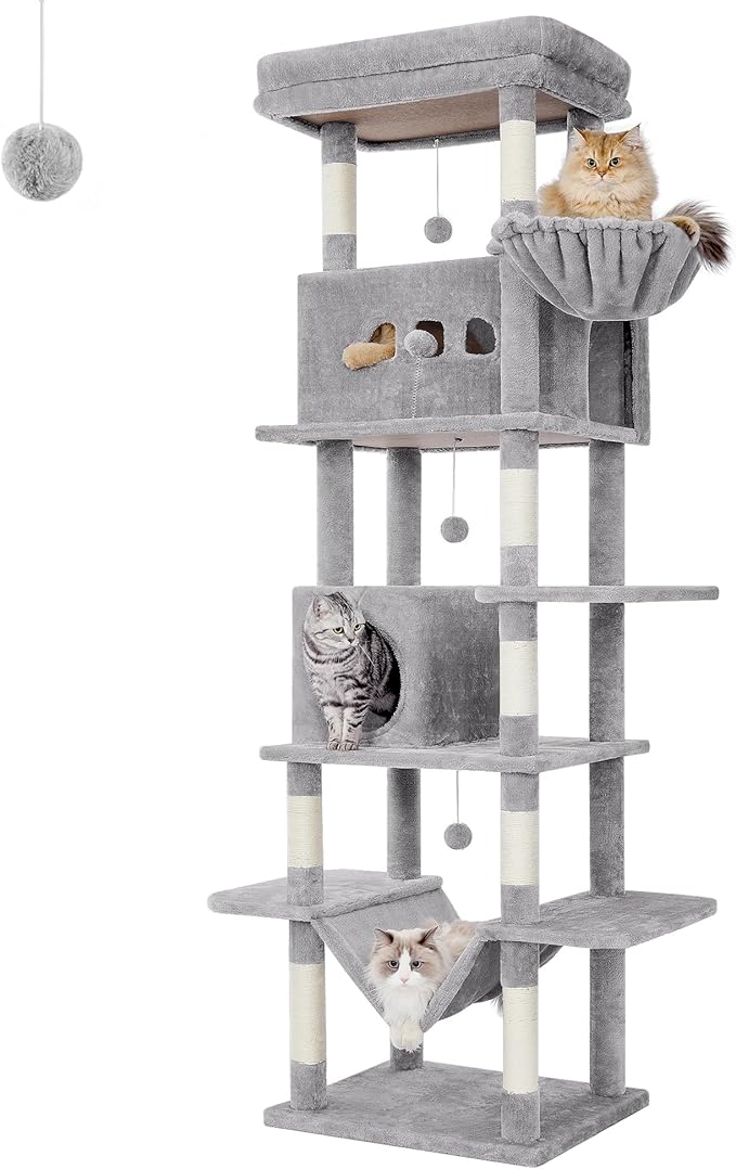 Cat Tree,82.6" Large Cat Tower for Indoor Cats, Multi-Level Cat House with Condo, 8 Scratching Posts, Hammock, 4 Pom Poms, Light Grey MS21018LG