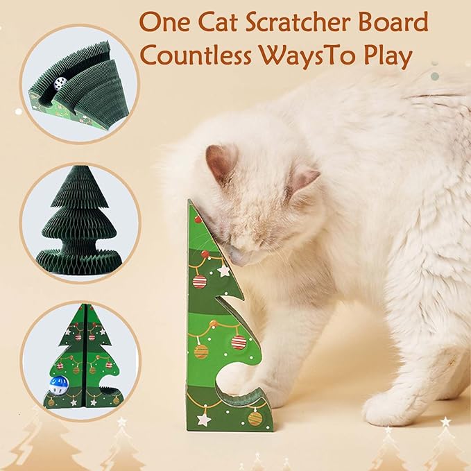 Corrugated Paper Cat Scratcher, High-Density - Pine Tree Design with Jingling Ball & Circular Track, Interactive Scratch Pad for Indoor Cats & Furniture Protection