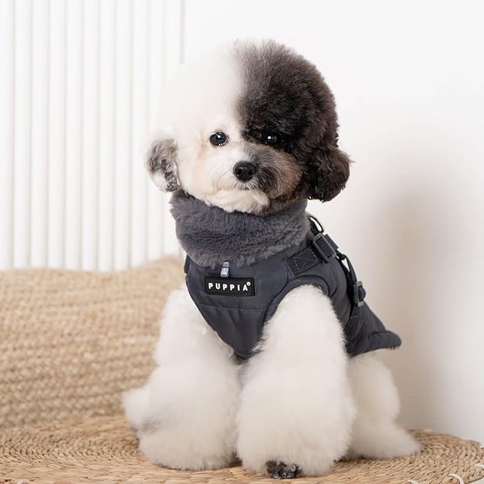 Puppia Donavan Winter Dog Coat with Integrated Harness No Pull Cold Weather Waterproof Warm Fleece Back Zipper for Small & Medium Dog, Grey, X-Large