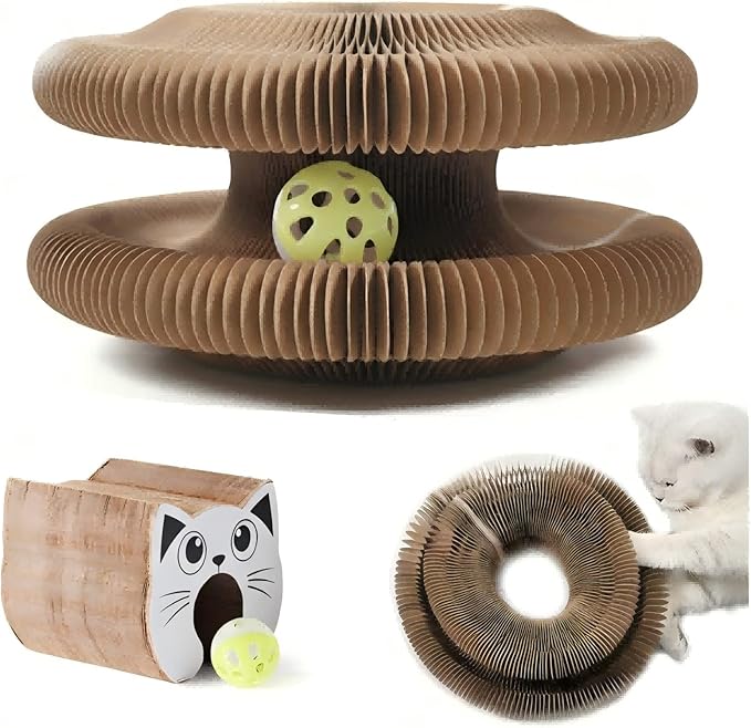 Kitty Curlz Cat Scratching Board,Accordion Magic Organ Cat Scratcher Toy with Bell Ball - Foldable Interactive Cardboard Scratching Pad for Indoor Cats Kittens 1 Pack(White)