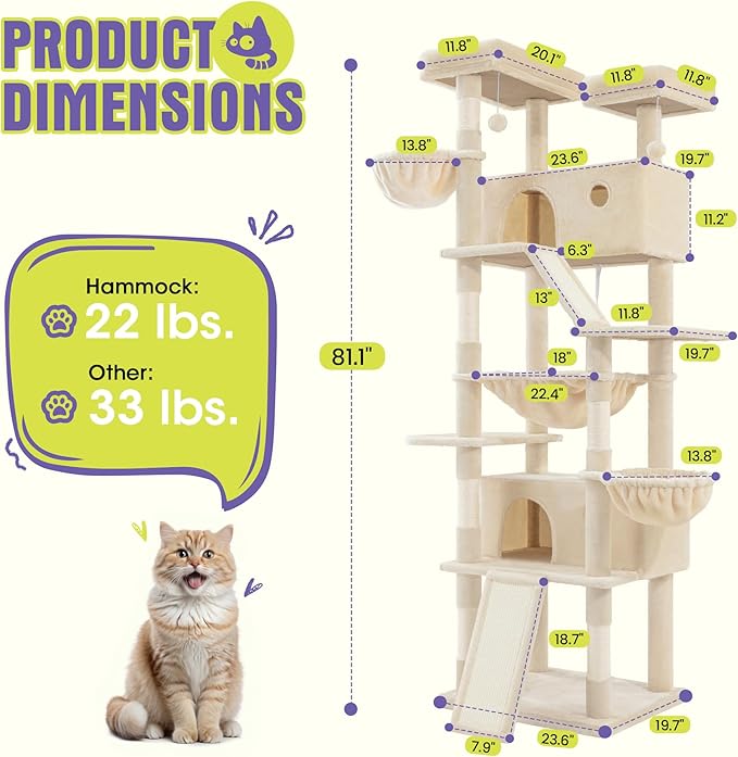 WEEWAY Cat Tree Tower for Indoor Cats,81'' Multi-Level Cat Furniture Activity Center,Stand House Condo Cave,Sisal Scratching Posts Ramps,Plush Perches Platforms Basket Hammock,Beige