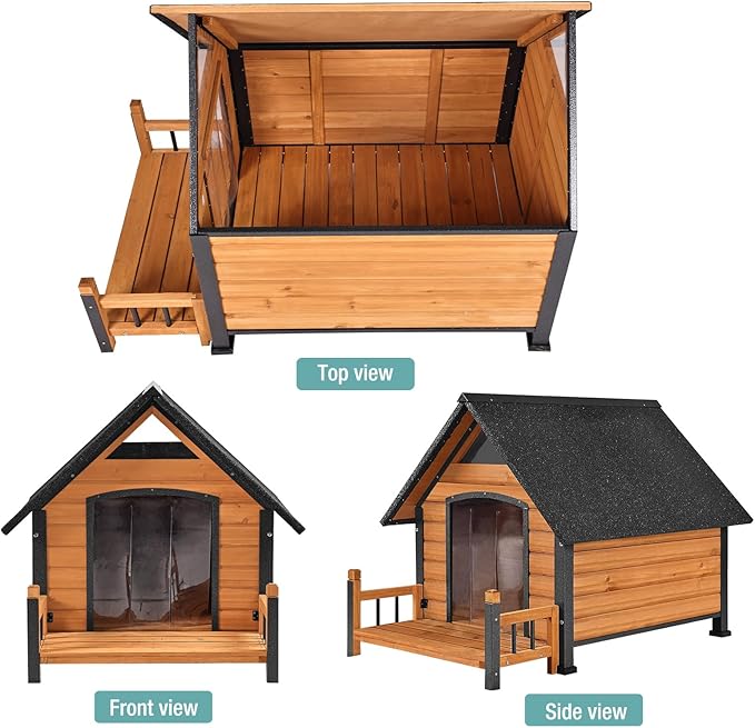 Large Dog House with Proch, Weatherproof Outdoor Kennel for Large Dogs, Chew-Resistant Iron Frame & Asphalt Roof for Outdoor (Wood, L)
