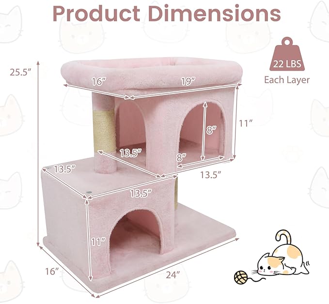Tangkula Small Cat Tree for Indoor Cats, 25.5 Inch Cat Tower with Sisal Scratching Posts, 2 Large Cat Condos with Padded Top Perch, Modern Cat Climbing Furniture for Adult Cats & Kittens (Pink)