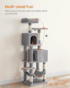 Feandrea Cat Tree, 59.5-Inch Tall Cat Tower, Plush Multi-Level Condo with 5 Scratching Posts, 2 Perches, 2 Caves, Hammock, 2 Pompoms, Light Gray UPCT192W01