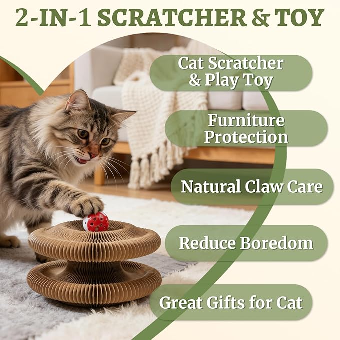 1 Pack Cat Scratcher Toy with Balls Bells, Magic Organ Foldable Cat Scratching Board for Kitten, Interactive Toys for Indoor Adult Cats Exercise Anxiety Relief, Auburn