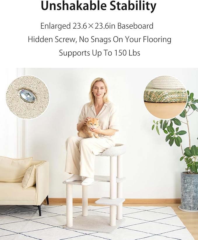 Cat Tree Tower 37.4'' (95 cm) with Scratching Posts,Multi-Level Cat Tree Tower with Wide Shelves for Senior Friendly Baby/Large Cats, Scratching Posts(Olive Green)