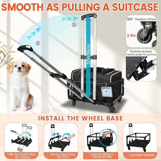 Petskd Small Pet Carrier with Wheels (17" L x 12" W x 8.5" H), JetBlue/Allegiant/Spirit Airlines Approved, Rolling Pet Carrier for Small Dogs & Cats (Black)