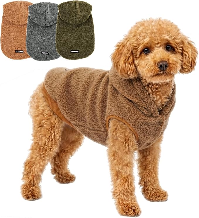 Tuff Pupper Fleece Dog Hoodie Sweater | Teddy Sherpa Outer & Soft Polar Fleece Lining | Adjustable Fit Winter Coat with Hood, Leash Hole, Ribbed Cuffs | For Small Medium Large XL XXL Dogs (Brown, XXS)