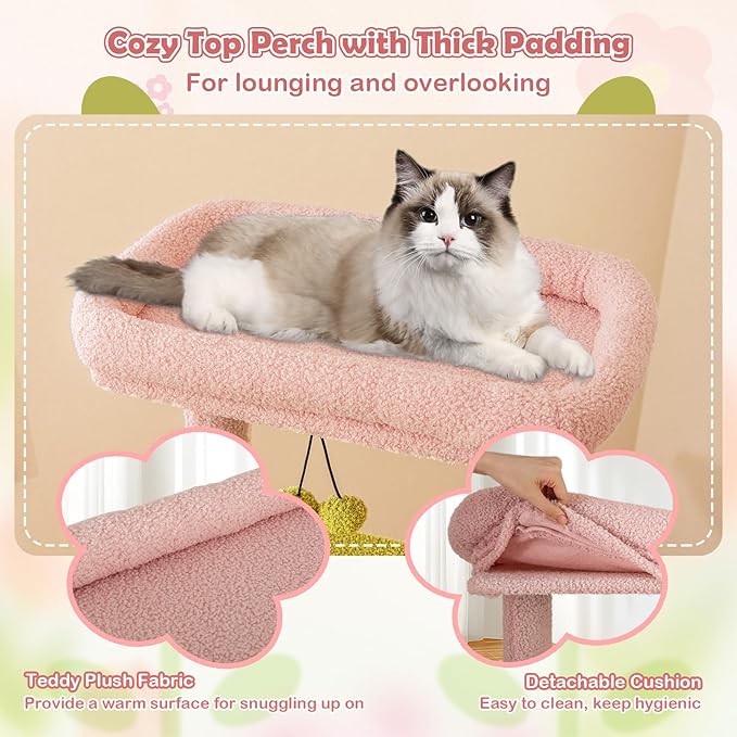 Tangkula Flower Cat Tree, 58 Inch Tall Cat Tower with Plush Padded Top Perch, Cat Condo, Hammock, Sisal Scratching Posts & Board, Dangling Balls, Indoor Pink Floral Cute Cat Tree