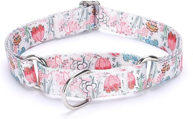 Martingale Dog Collars - Flower Multicolor Cute Patterns, Adjustable Nylon Training Dog Collar Suitable for Boy and Girl Dogs Medium Large Dogs (L, White)