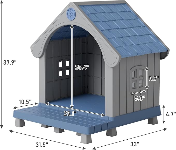 Fancyango Large Dog House with Porch Outdoor Indoor Sturdy Plastic Waterproof Doghouse with Air Vents and Elevated Floor Easy Clean and Assemble for Medium Large Dogs (Blue1, 33" L×31.5" W×38" H)