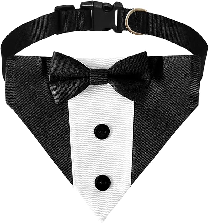 Dog Tuxedo Bandana Collar with Bow Tie, Adjustable Formal Suit Costume for Small Medium Large Dogs, Wedding Engagement Birthday Pet Outfit (Small)