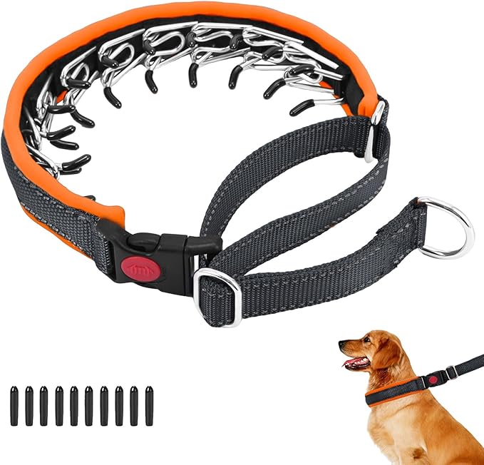 Martingale No Pull Dog Collar for Large Medium Small Dogs, Heavy Duty Nylon Reflective Adjustable Anti Pull Slip Collar with Buckle for Training Walking M Black Orange