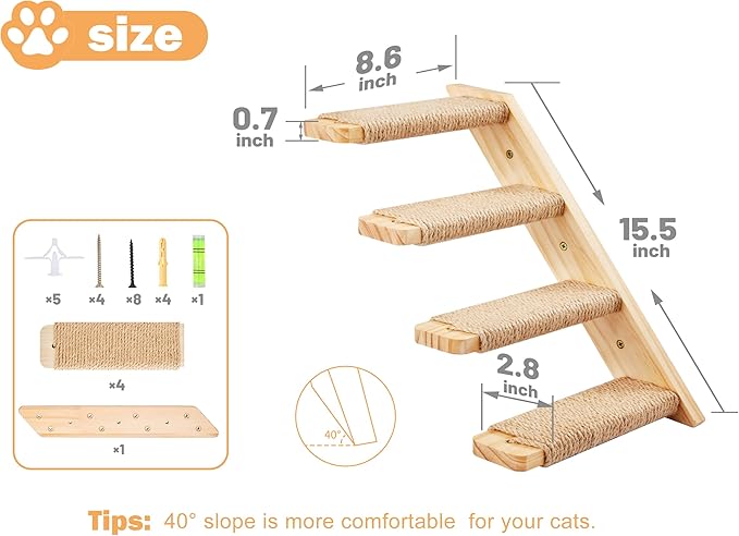 Wall Cat Tree for Climbing, 1PC Four-Step Cats Climber Shelf with Jute Scratcher Rope, Space-Saving Cat Shelf for Scratching & Resting