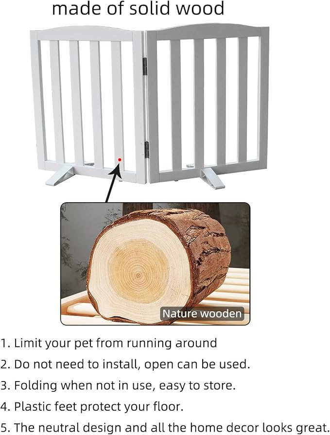 Freestanding Dog Gate Indoor, Doggie Gate Foldable Dog Gates for Doorways,Stairs or Hallways, Wooden White Pet Gate for the House,Pet Fence with Support Feet Included, 32 "Height-2 Panels