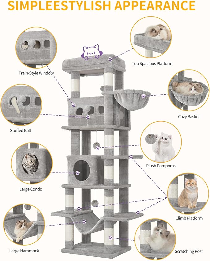 Cat Tree, 66.9" Large Cat Tower for Indoor Cats, Multi-Level Cat House with Condo, 8 Scratching Posts, Hammock, 4 Pom Poms, Light Grey MS17018LG
