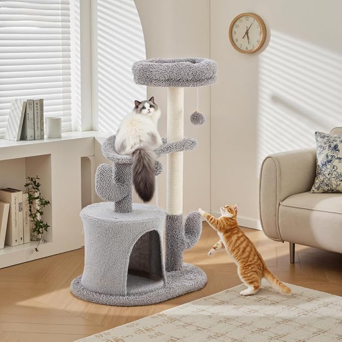 33-Inch Small Cat Tree Tower with Curved Bed, Plush Perch & Scratching Post, Cactus Style Cat Climbing Tree with Hanging Toys, Compact Cat Tree for Indoor Cats, Grey