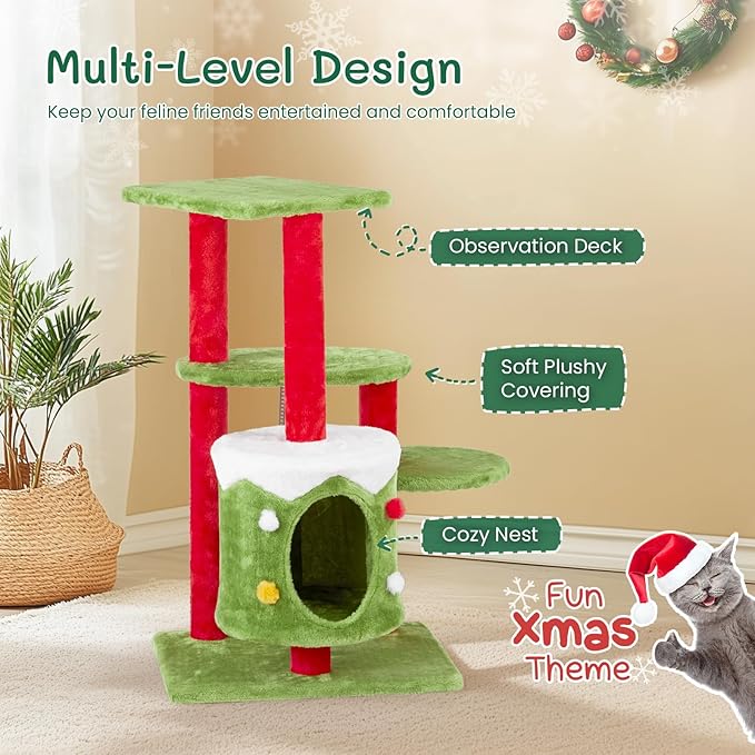Christmas Decorations, Christmas Cat Tree Tower, 32.5 inch Cat Furniture with Condo & Multiple Platforms, Green Red White Cat Tree for Indoor Cats, Large Cat Tree with Scratching Post