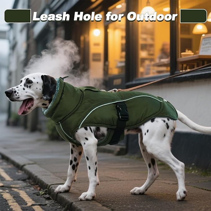 DENTRUN Winter Warm Dog Coat Reflective Jacket with Turtleneck for Cold Weather, Adjustable Buckle Windproof Water Repellent, Thick Snowsuit Fleece Vest for Small, Medium, Large Dogs, Green, XL