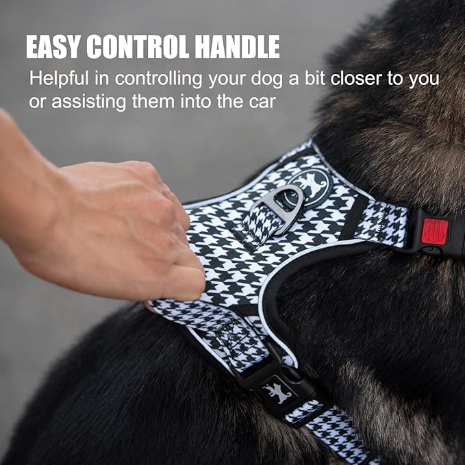 PoyPet No Pull Dog Harness, [Release on Neck] Reflective Adjustable No Choke Pet Vest with Front & Back 2 Leash Attachments, Soft Control Training Handle for Small Medium Large Dogs(Houndstooth,XL)