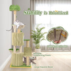 Tangkula 63 Inch Tall Cat Tree, Cute Green Cat Tower with 2 Condos, Plush Top Perch, 2 Basket Beds, Sisal Scratching Posts, 2 Dangling Balls, Slide Platform, Large Aesthetic Cat Tree for Indoor Cats
