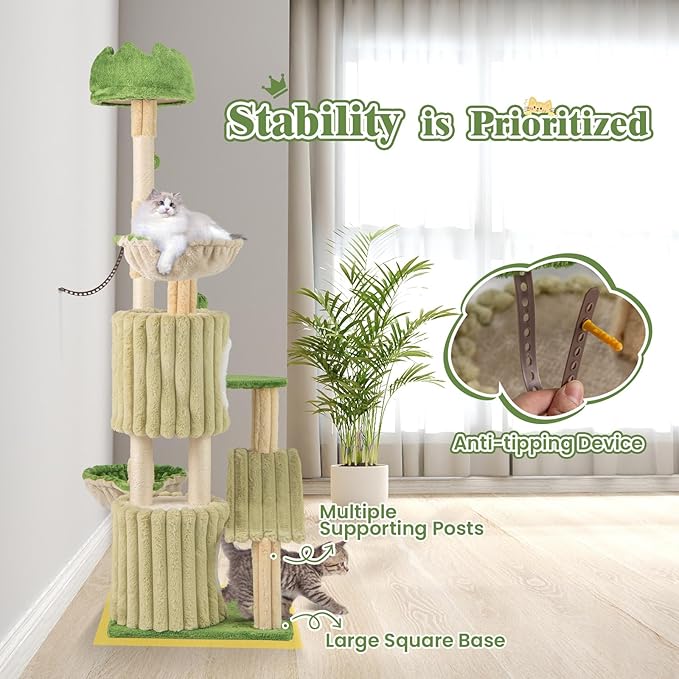 Tangkula 63 Inch Tall Cat Tree, Cute Green Cat Tower with 2 Condos, Plush Top Perch, 2 Basket Beds, Sisal Scratching Posts, 2 Dangling Balls, Slide Platform, Large Aesthetic Cat Tree for Indoor Cats