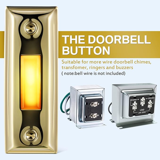 Dreyoo Metal Doorbell Push Button, Heavy Duty Metal Door Bell Wired Button LED Lighted Wall Mounted Doorbell Push Buttons for Home, Universal Garage Door Opener Switch Property in Copyright(Gold)