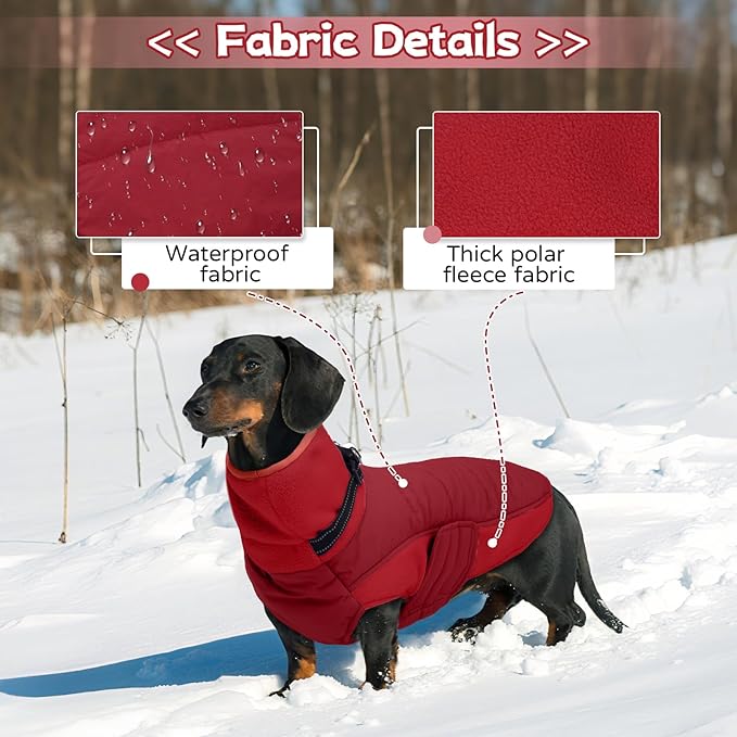 BRKURLEG Dog Winter Coat with Harness Built in, Warm Jacket for Small Medium and Large Dogs, Windproof Turtleneck Fleece Dogs Snowsuit with Hook & Loop, Reflective Christmas Dog Jacket, Red L