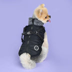 Puppia Donavan Winter Dog Coat with Integrated Harness No Pull Cold Weather Waterproof Warm Fleece Back Zipper for Small & Medium Dog, Black, XX-Large
