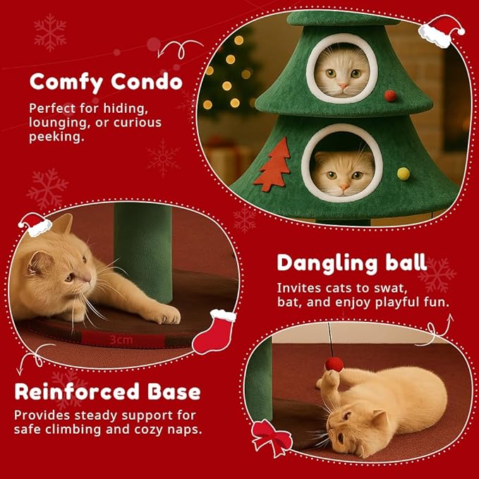 LUCKLIFE 52" Christmas Cat Tree with 2 Cozy Houses,Indoor Modern Cat Tower with Anti-Tip Kit,Plush Perches & Hanging Balls,Holiday Cat Climbing Furniture for Kittens to Play and Sleep