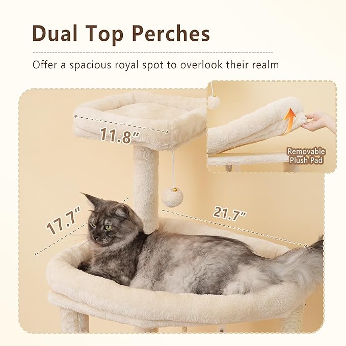 Heybly Heavy Duty Cat Tree, 64.2-Inch Tall Tower for Large Indoor Cats with Widened Structure, Cat Furniture with Big Platforms, Extra-Large Hammock, Sisal Scratching Posts & Board, Beige HCT027M