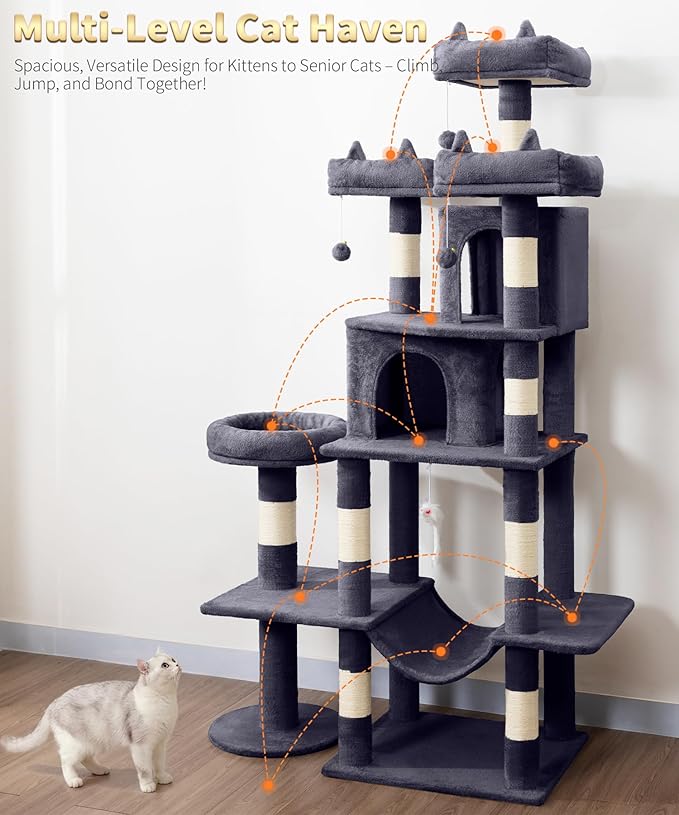 Heavy Duty Cat Tree for Indoor Cat, 71 Inch Large Cat Tower with Scratching Post and Top Perch, Hammock, Big Cat Condo for Adult Cats Kittens, PMT03DG, Dark Grey