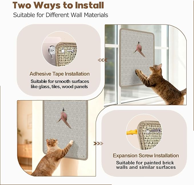Cat Nail File Scratcher - Natural Sisal Scratch Mat with 80-Grit Aluminum Oxide, Adhesive Sheets & Expansion Screws for Secure Wall/Floor Mounting, Ideal for Trimming Cat Claws (13.38×16.53)