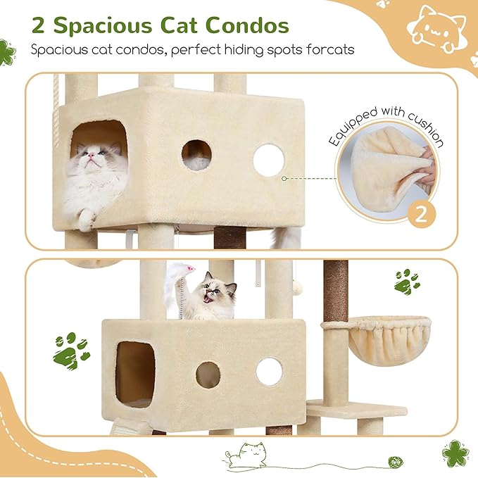 Globlazer 81" Cat Tree Tower for Large Cats, Heavy Duty Cat Tree for 6 Maine Coons & Ragdolls, Multi-Level Stable Activity Center with 3 Hammocks 7 Sisal Posts 2 Condos & Scratching Board, F81D, Beige