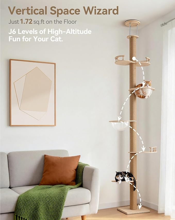 PawGiant Floor to Ceiling Cat Tree, Cat Tower with Adjustable Height 106-110", Sturdy 6-Tier Cat Climbing Stand with 2 Space Capsules & Scratching Posts, No Drilling for Indoor Multi-Cats