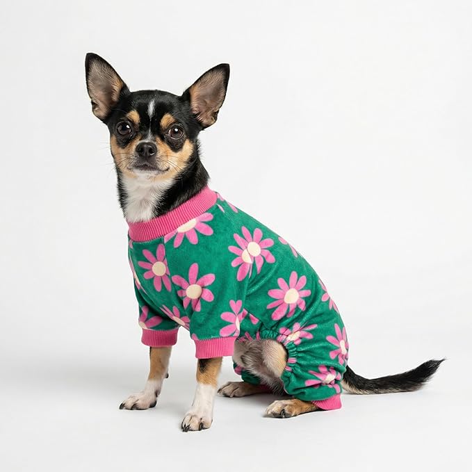 Fitwarm Flower Fleece Dog Pajamas, Warm Winter Dog Clothes for Small Dogs Girl, Cozy Pet Onesie with Feet, Dark Green, XS